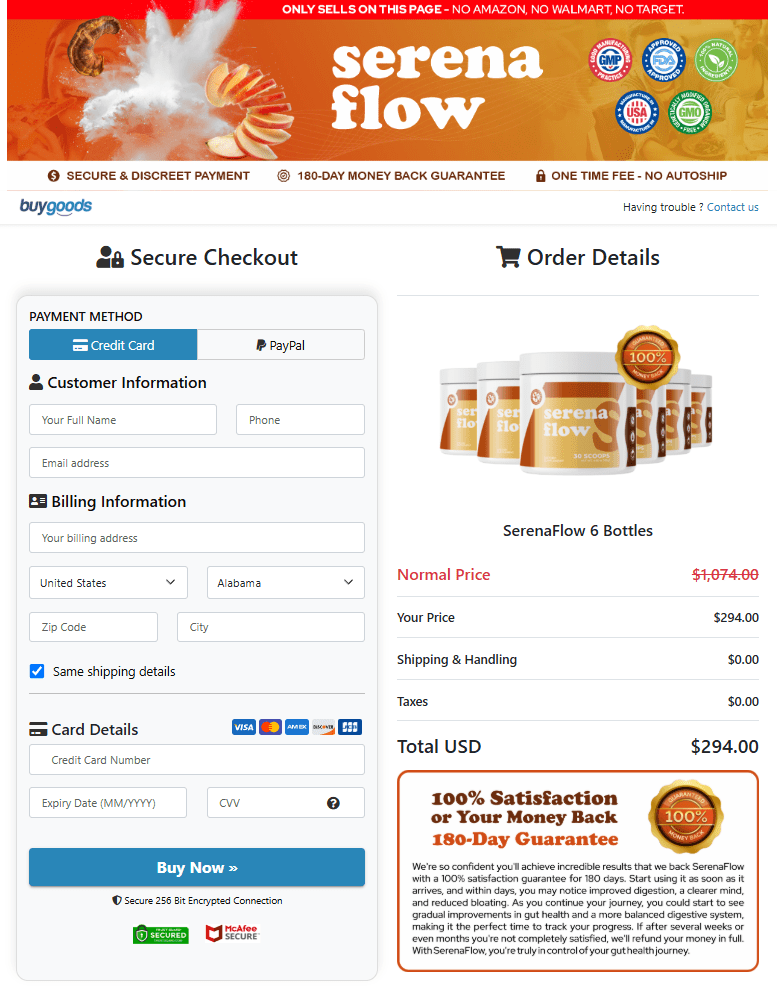 SerenaFlow order page
